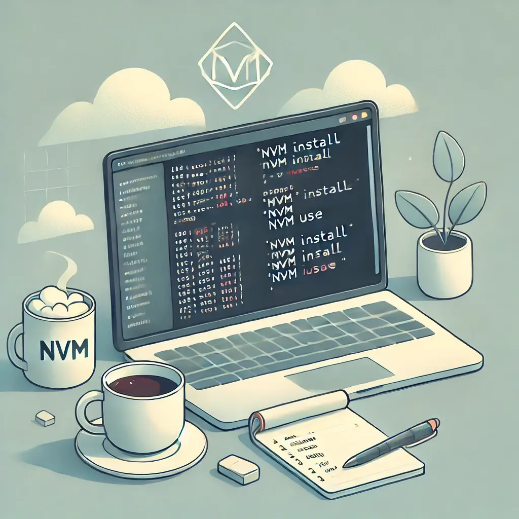 Developer workspace showing terminal with NVM commands, a notepad with steps for updating Node.js, and a cup of coffee